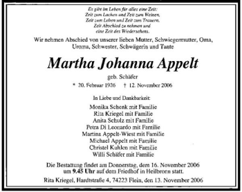 Traueranzeige von Martha Johanna Appelt 