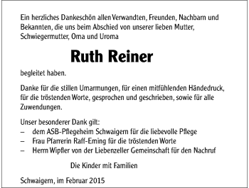 Traueranzeige von Ruth Reiner 