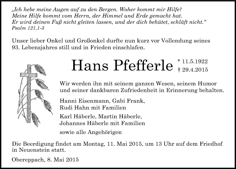  Traueranzeige für Hans Pfefferle vom 08.05.2015 aus 