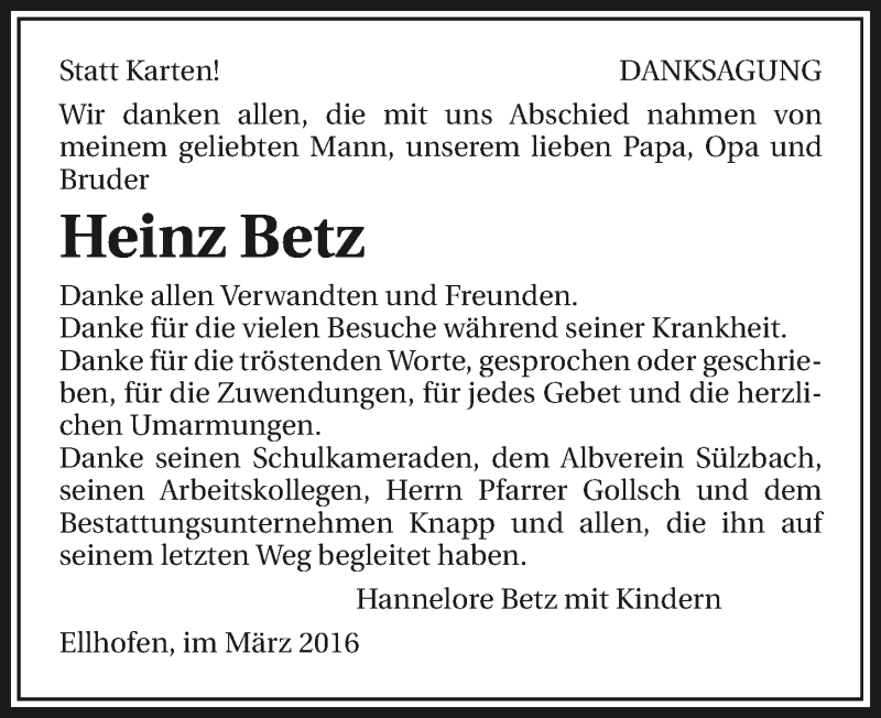  Traueranzeige für Heinz Betz vom 24.03.2016 aus 