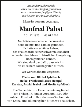 Traueranzeige von Manfred Pabst 