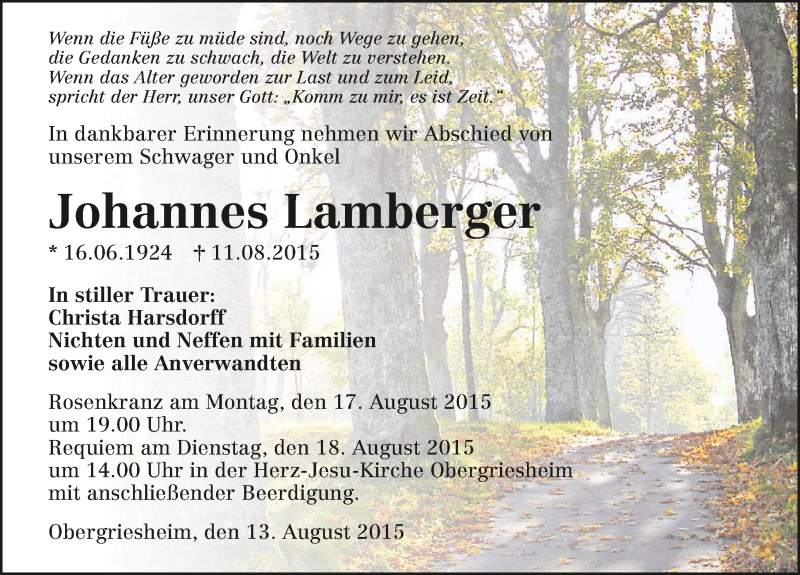  Traueranzeige für Johannes Lamberger vom 15.08.2015 aus 