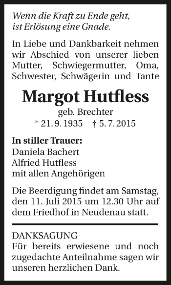 Traueranzeige von Margot Hutfless 