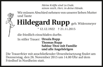 Traueranzeige von Hildegard Rupp 