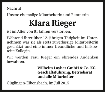 Traueranzeige von Klara Rieger 