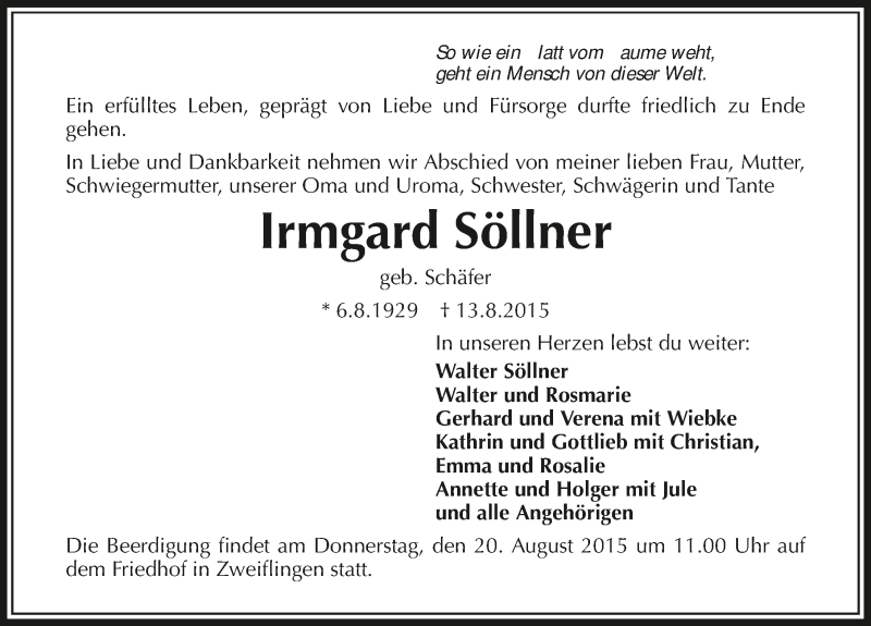  Traueranzeige für Irmgard Söllner vom 18.08.2015 aus 