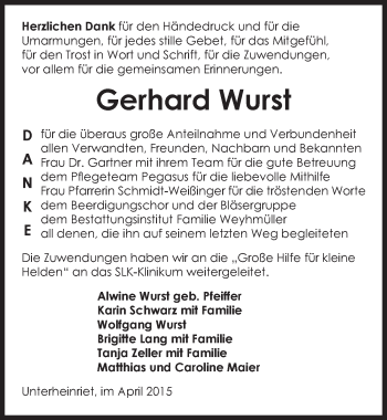 Traueranzeige von Gerhard Wurst 