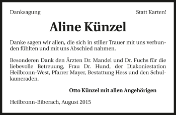 Traueranzeige von Aline Künzel 