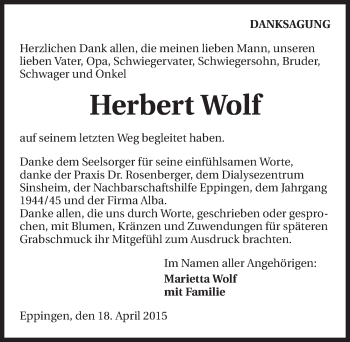 Traueranzeige von Herbert Wolf 