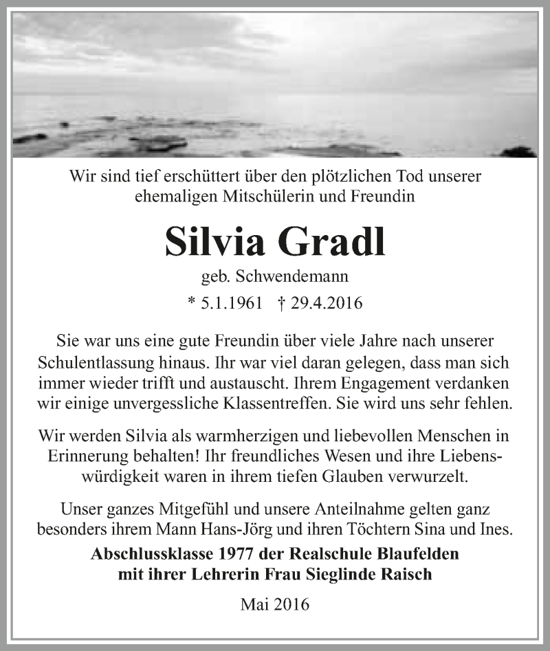  Traueranzeige für Silvia Gradl vom 04.05.2016 aus 