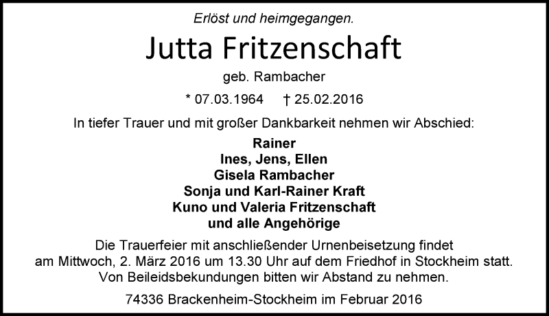  Traueranzeige für Jutta Fritzenschaft vom 27.02.2016 aus 