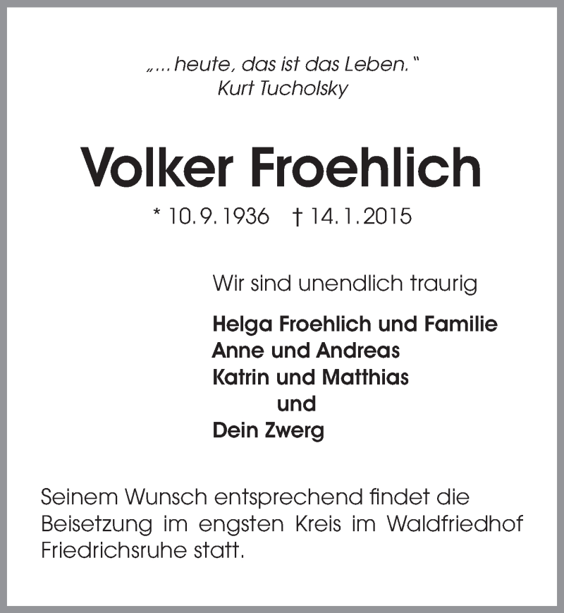  Traueranzeige für Volker Froehlich vom 16.01.2015 aus 