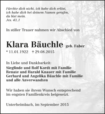 Traueranzeige von Klara Bäuchle 