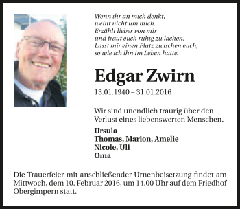 Traueranzeige von Edgar Zwirn 