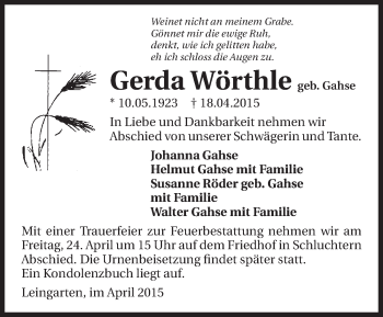 Traueranzeige von Gerda Wörthle 