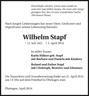 Traueranzeige von Wilhelm Stapf 