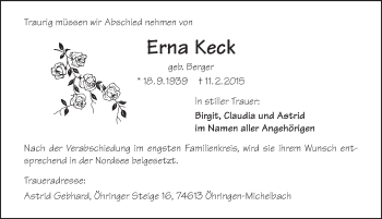 Traueranzeige von Erna Keck 