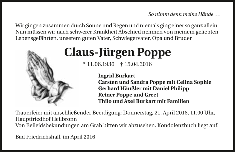  Traueranzeige für Claus-Jürgen Poppe vom 18.04.2016 aus 