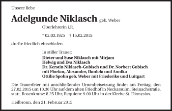 Traueranzeige von Adelgunde Niklasch 