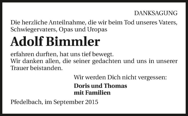  Traueranzeige für Adolf Bimmler vom 10.09.2015 aus 