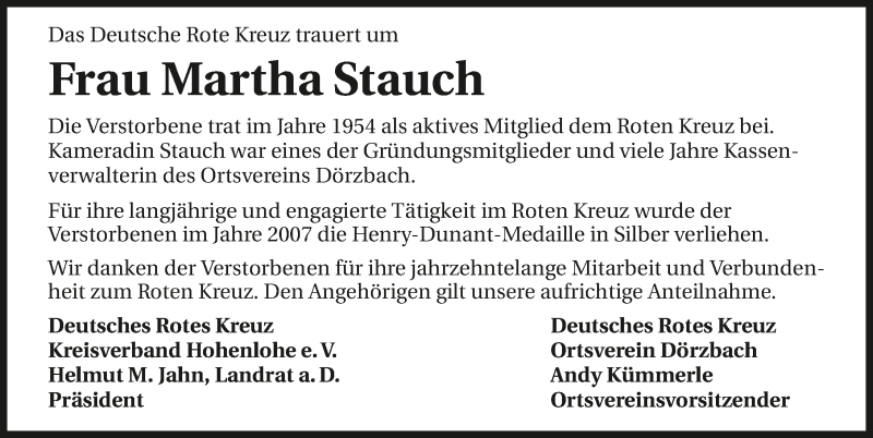  Traueranzeige für Martha Stauch vom 14.08.2015 aus 