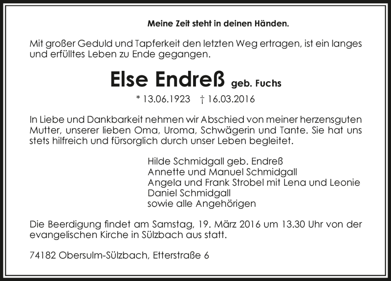  Traueranzeige für Else Endreß vom 18.03.2016 aus 