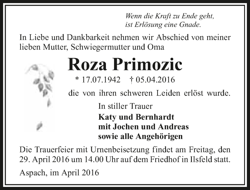  Traueranzeige für Roza Primozic vom 27.04.2016 aus 
