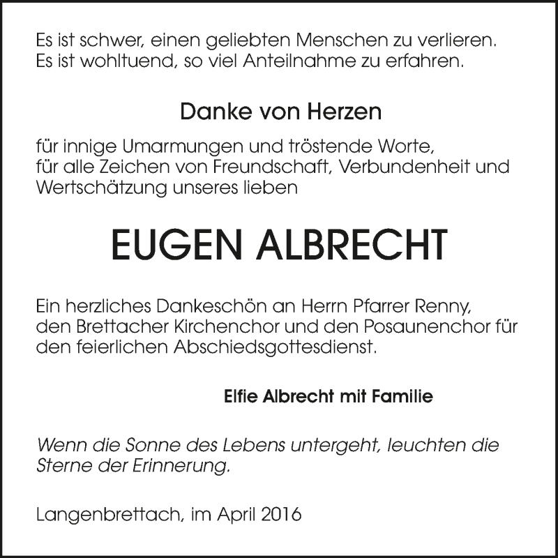  Traueranzeige für Eugen Albrecht vom 29.04.2016 aus 