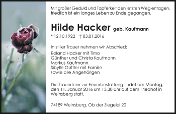 Traueranzeige von Hilde Hacker 