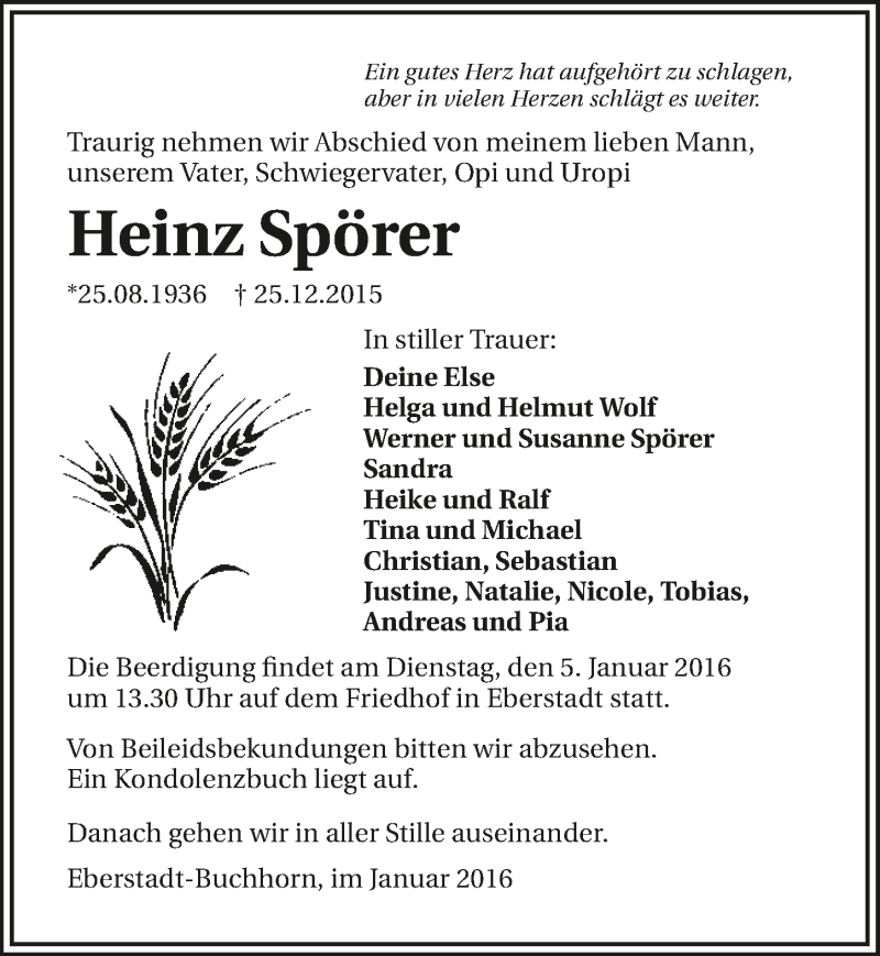 Traueranzeige für Heinz Spörer vom 02.01.2016 aus 