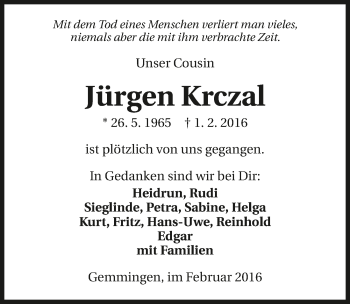 Traueranzeige von Jürgen Krczal 