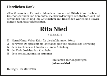 Traueranzeige von Rita Nied 