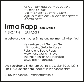 Traueranzeige von Irma Rapp 