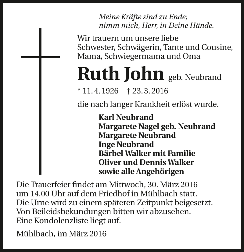  Traueranzeige für Ruth John vom 26.03.2016 aus 