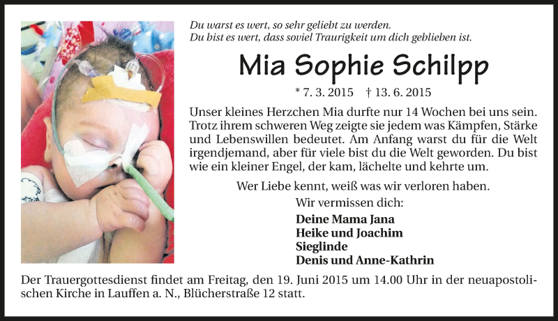  Traueranzeige für Mia Sophie Schilpp vom 17.06.2015 aus 