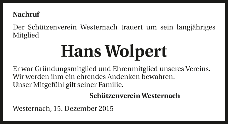  Traueranzeige für Hans Wolpert vom 16.12.2015 aus 