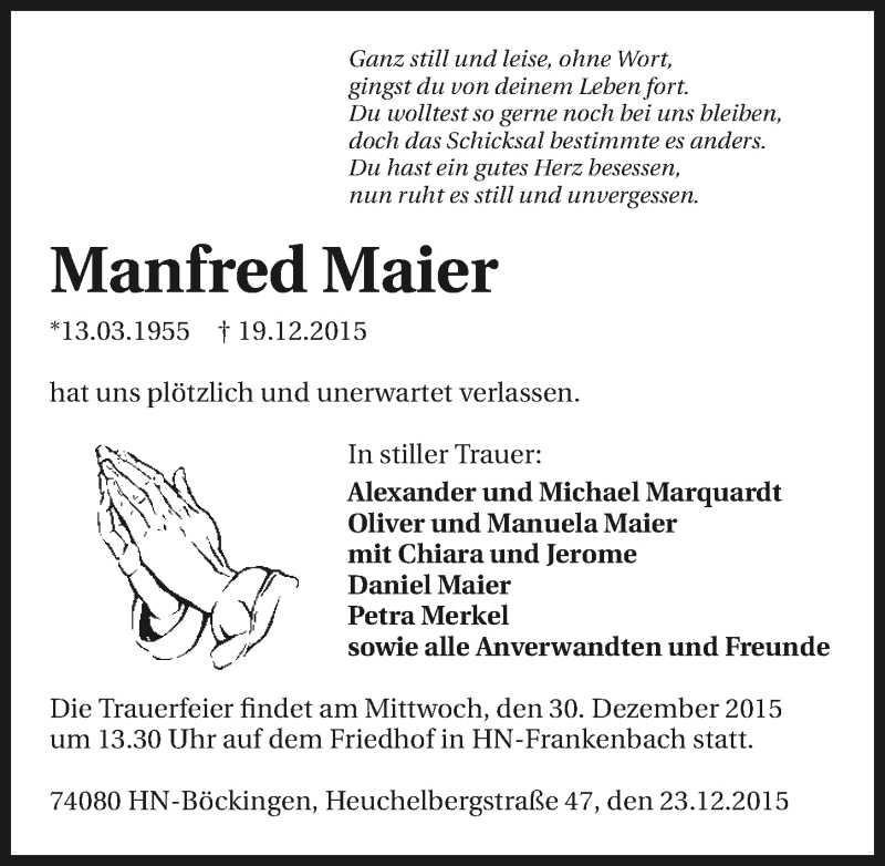  Traueranzeige für Manfred Maier vom 23.12.2015 aus 