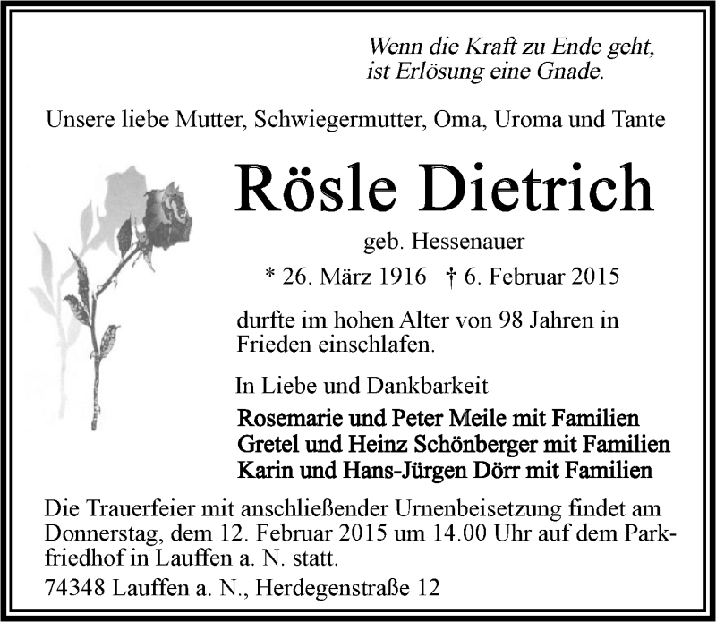  Traueranzeige für Rösle Dietrich vom 10.02.2015 aus 