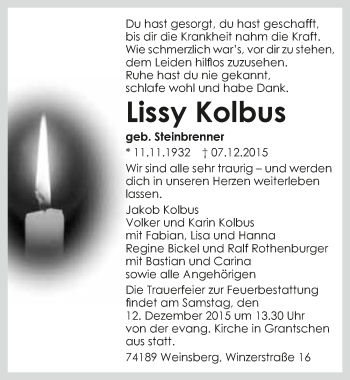 Traueranzeige von Lissy Kolbus 