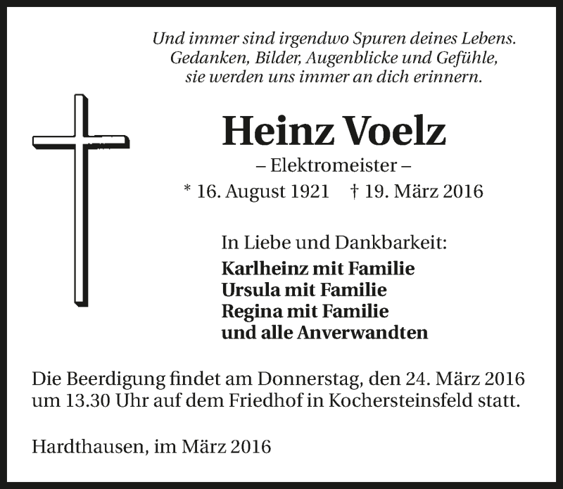  Traueranzeige für Heinz Voelz vom 22.03.2016 aus 