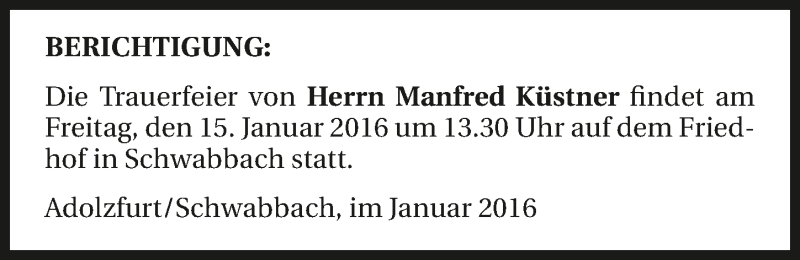  Traueranzeige für Manfred Küstner vom 13.01.2016 aus 