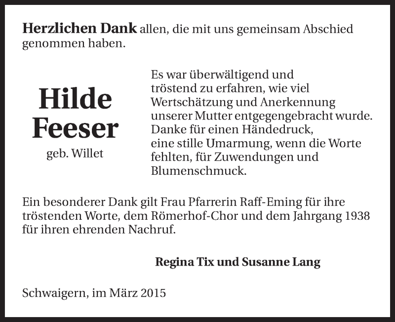  Traueranzeige für Hilde Feeser vom 28.03.2015 aus 