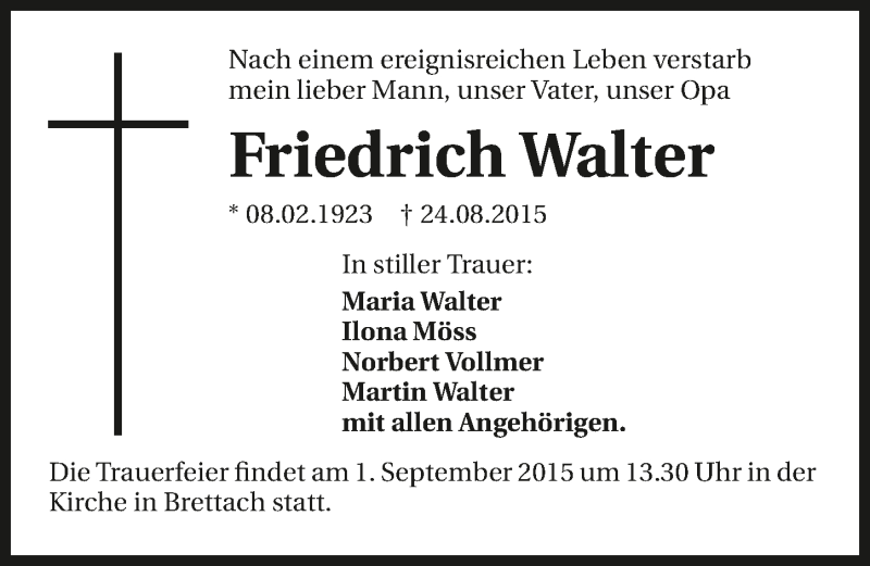  Traueranzeige für Friedrich Walter vom 28.08.2015 aus 