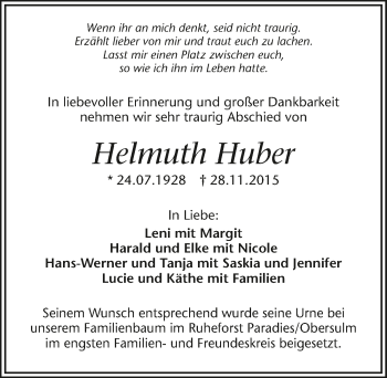 Traueranzeige von Helmuth Huber 