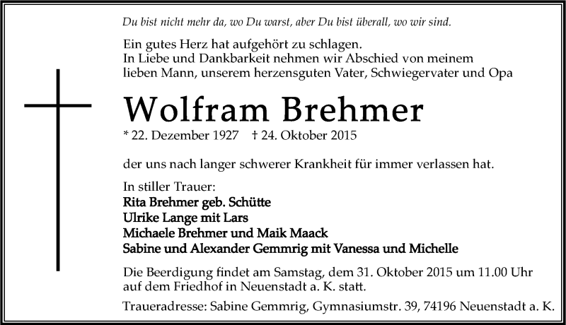  Traueranzeige für Wolfram Brehmer vom 28.10.2015 aus 