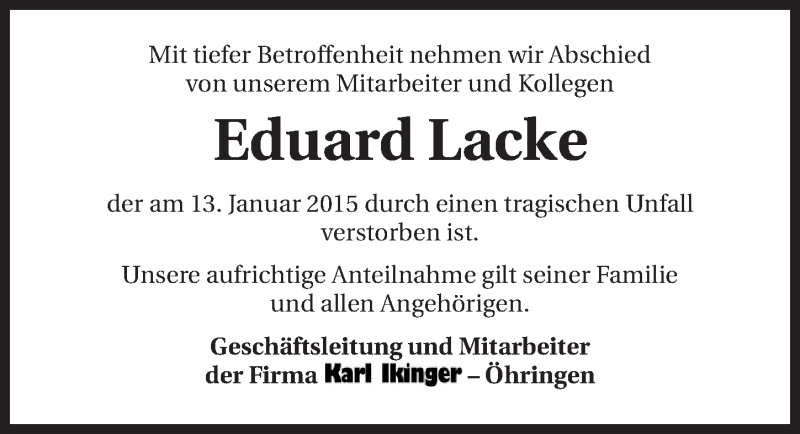  Traueranzeige für Eduard Lacke vom 19.01.2015 aus 