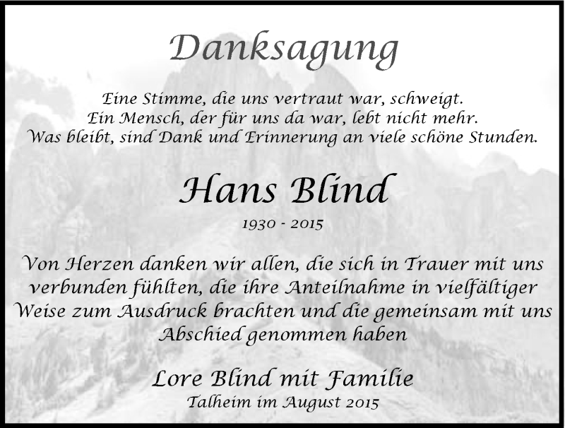  Traueranzeige für Hans Blind vom 05.09.2015 aus 