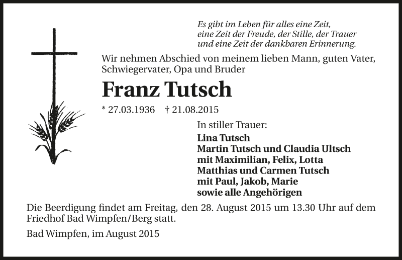  Traueranzeige für Franz Tutsch vom 25.08.2015 aus 