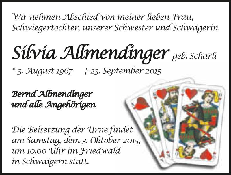  Traueranzeige für Silvia Allmendinger vom 30.09.2015 aus 