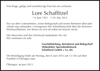 Traueranzeige von Lore Schaffitzel 